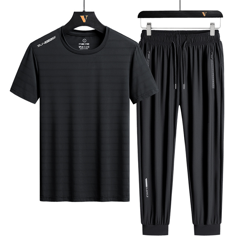 Men's Ice Silk Sports Suit Men's Youth Running Suit Quick-Drying Casual Short-Sleeved T-Shirt Trousers Sports Two-Piece Suit_voghion.com