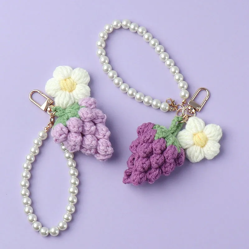 Portachiavi alla moda, nuovo, in lana, a forma di uva, fatto a mano all'uncinetto, con ciondolo rifinito, per borsa da donna._voghion.com