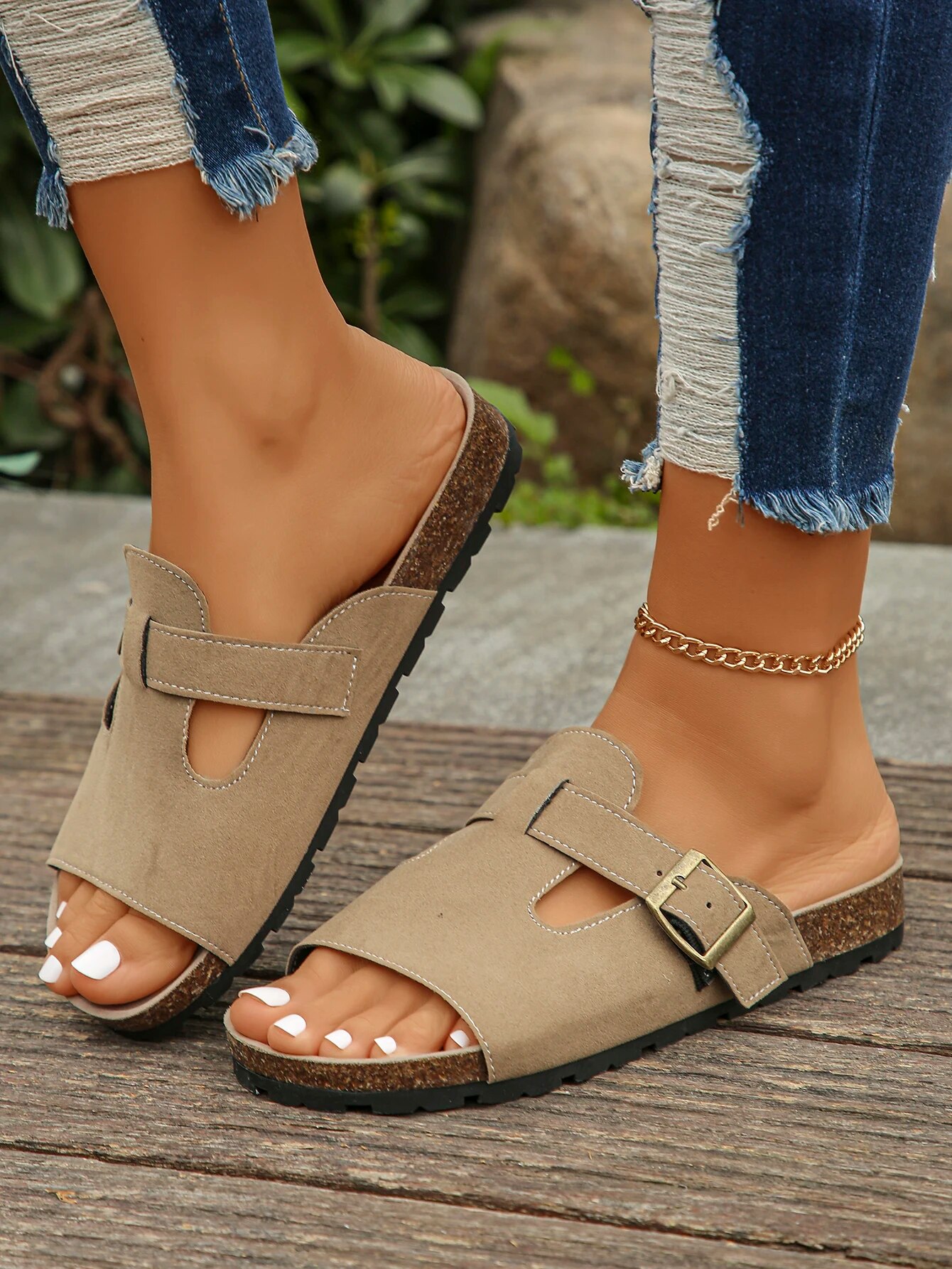 Damen Sandalen mit dickem Fußbett, klassisch, für den Strand, flach, für den Sommer, lässig, rutschfest, mit Fußgewölbeunterstützung_voghion.com