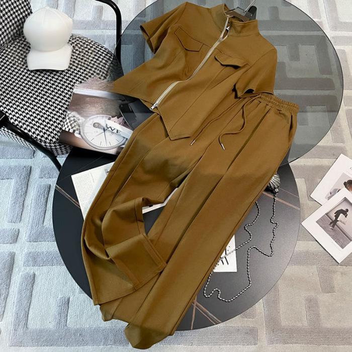 Women's Clothing Fashion Zipper Thin Short Sleeved Wide Leg Pants Casual Sports Suit