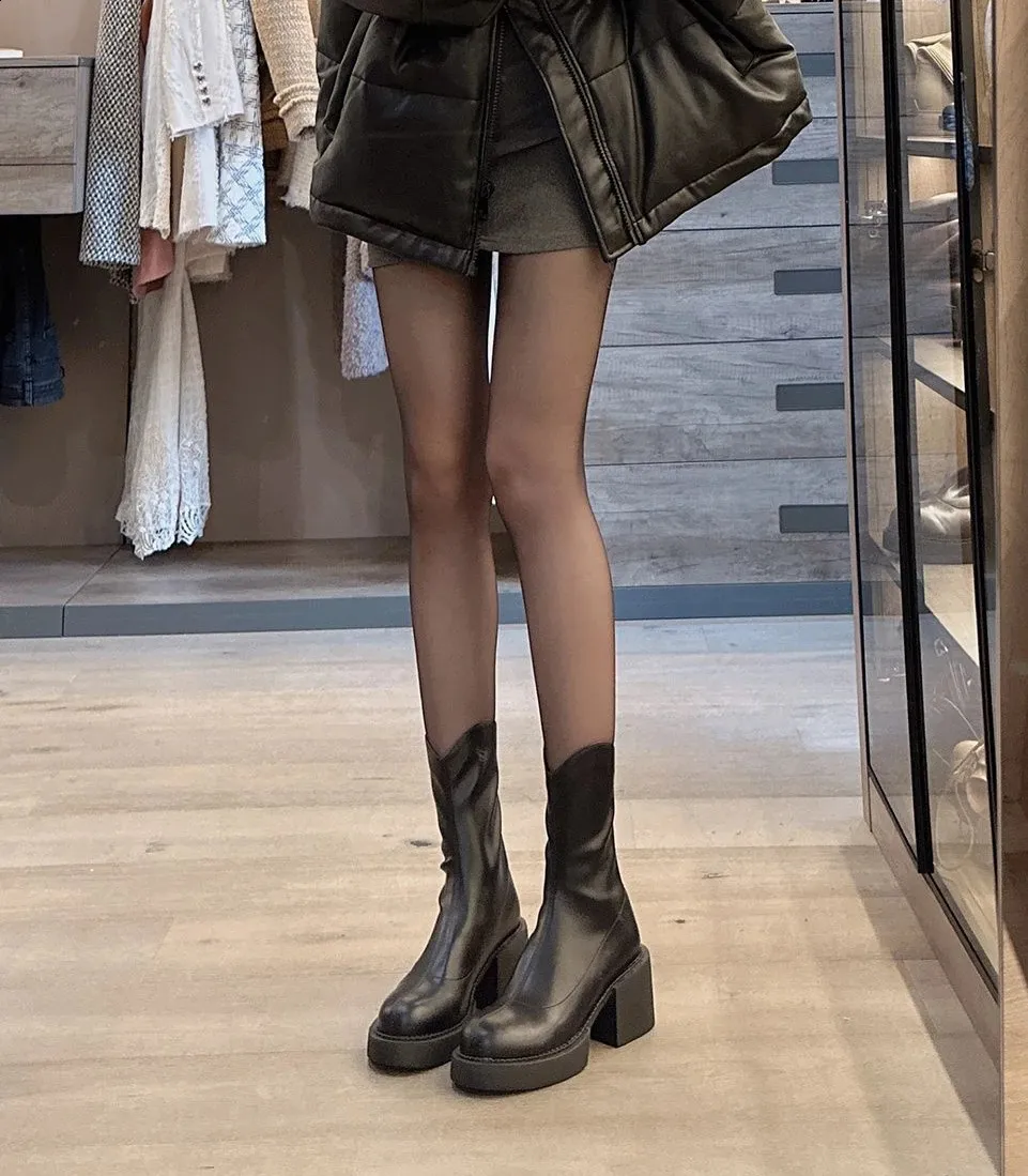 High ankle work very high heels brown short and chubby platform womens waterproof boots black Pu 240911_voghion.com