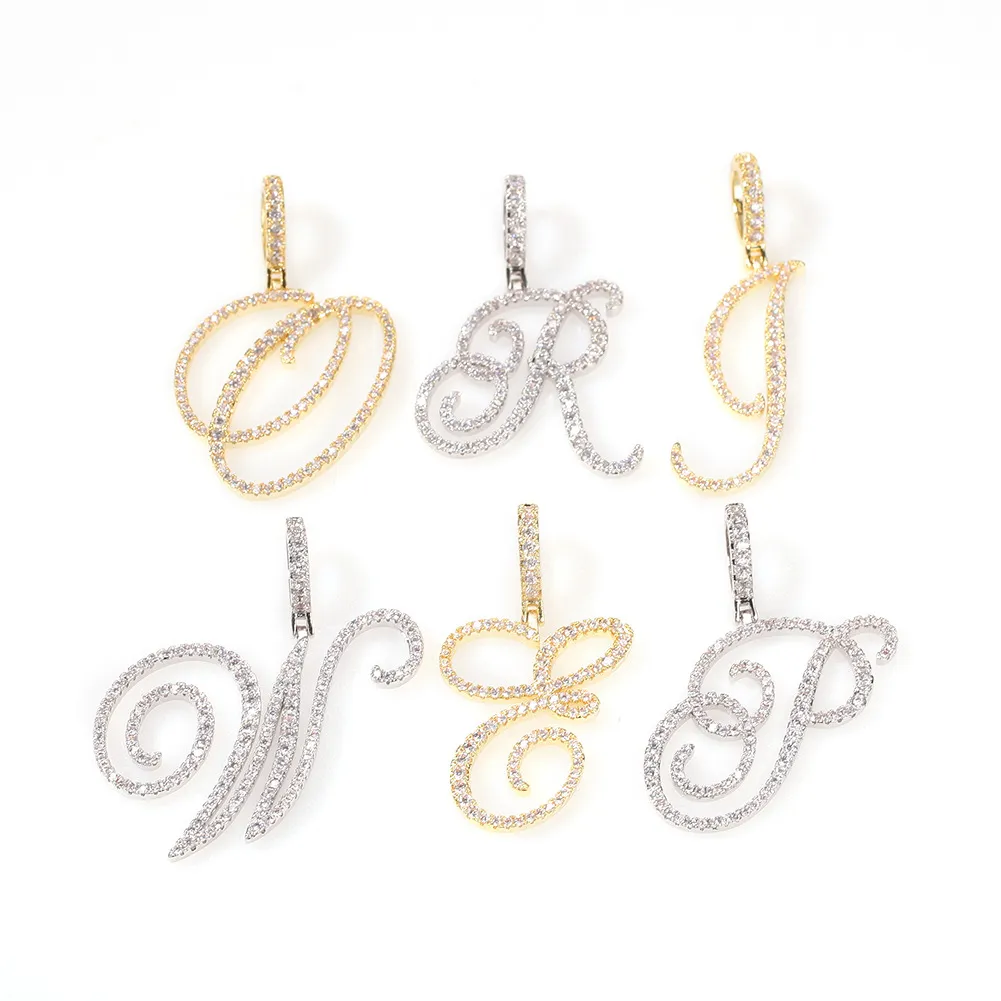 Collier avec pendentif personnalisé avec lettre initiale et nom, style cursif fleuri et cool, zircone cubique CZ en or véritable_voghion.com