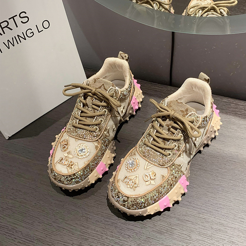 Fashionable and retro multi-functional casual sports shoes with thick sole and artificial diamond