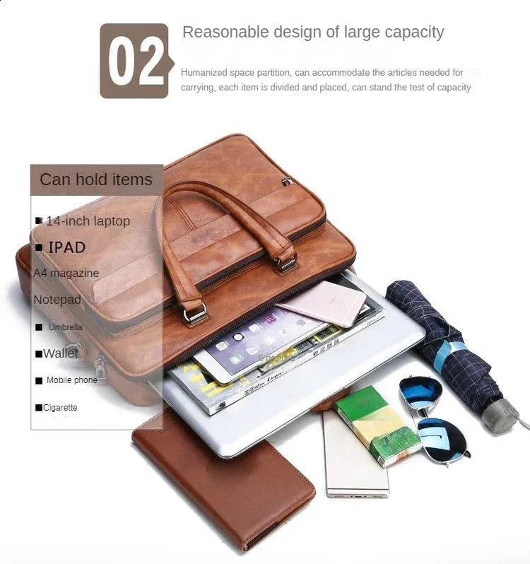 Sac à bandoulière en cuir PU grande capacité, portable, décontracté et étanche, pour hommes, porte-documents, sac pour ordinateur portable 240813_voghion.com