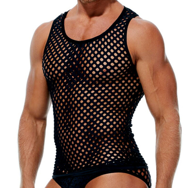 Chaleco informal sexy y calado para hombre, con borde cruzado, de talla grande, de malla transpirable, para vacaciones al aire libre en verano y playa._voghion.com