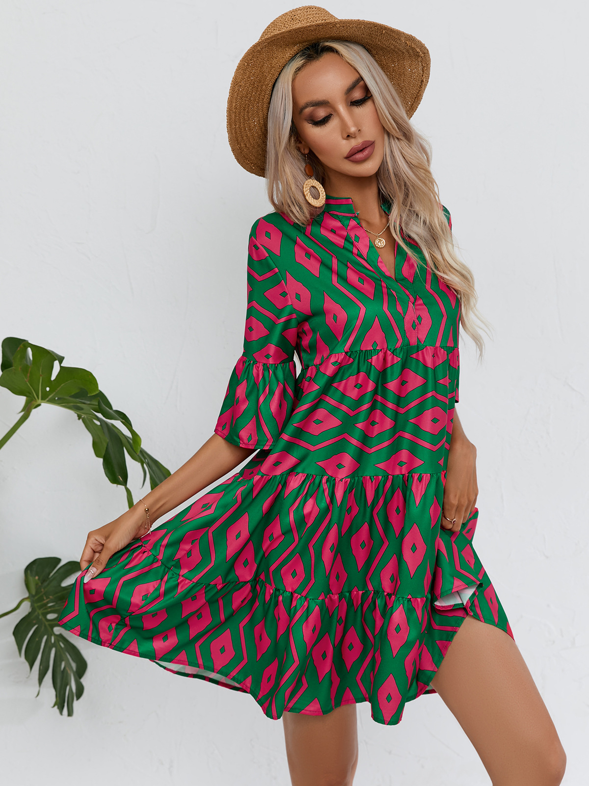 Abito da donna con gonna corta casual con scollo a V allentato estivo 2023_voghion.com