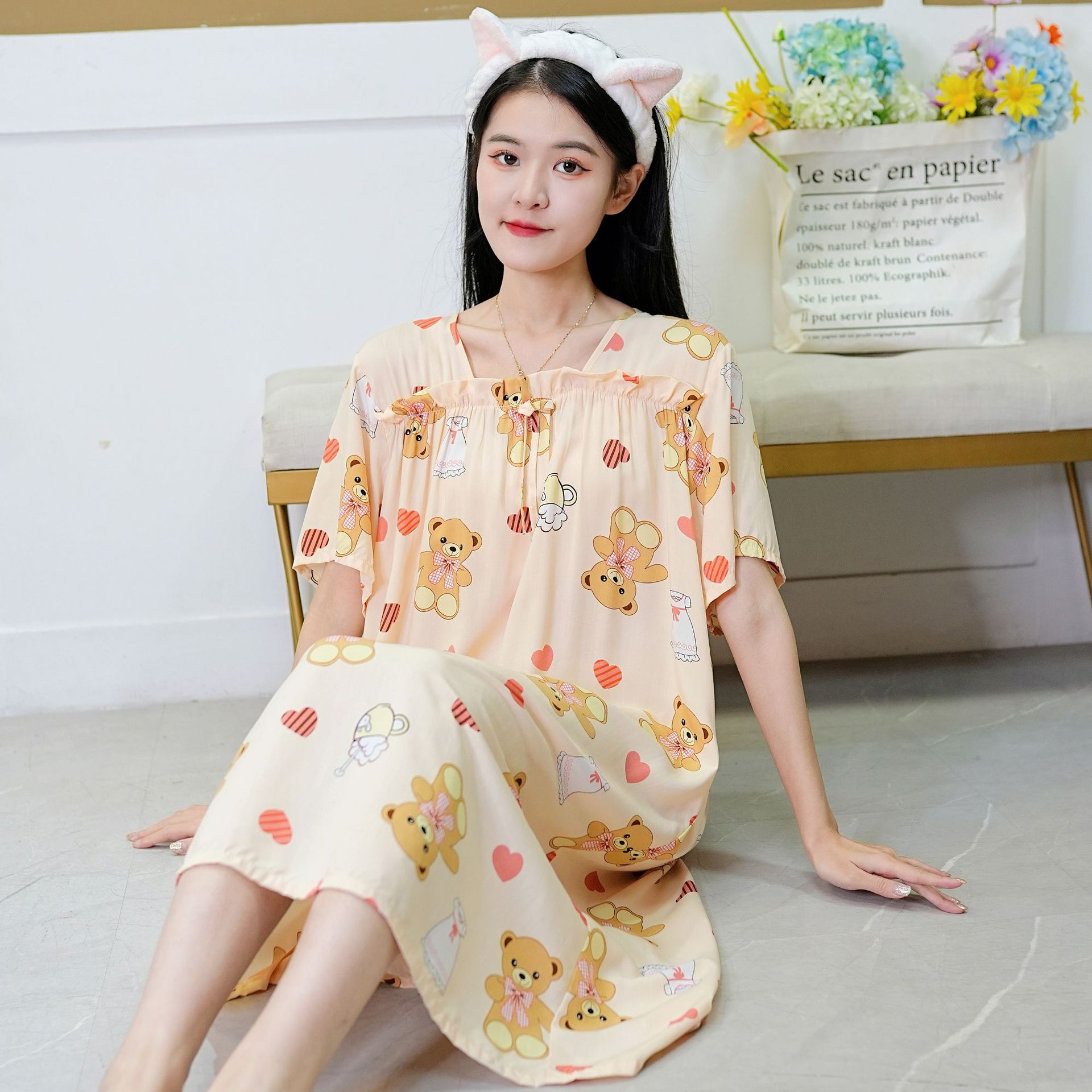 Indumenti da notte da donna Camicia da notte in cotone e seta da donna, dolce, carino, sottile, da indossare per la casa, gonna a maniche corte di grandi dimensioni_voghion.com