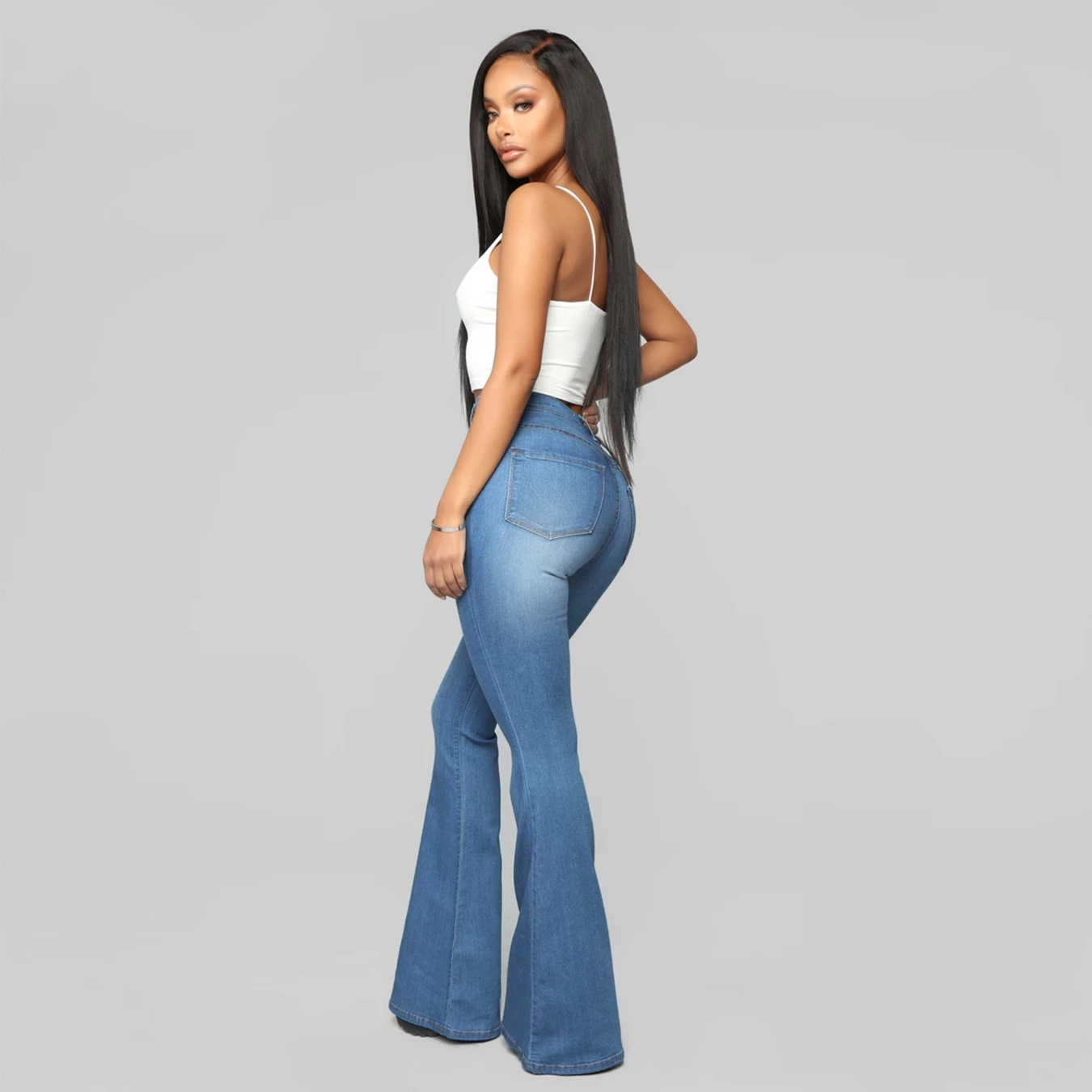 Roupas femininas clássicas cintura alta slim fit jeans calças ferradura_voghion.com