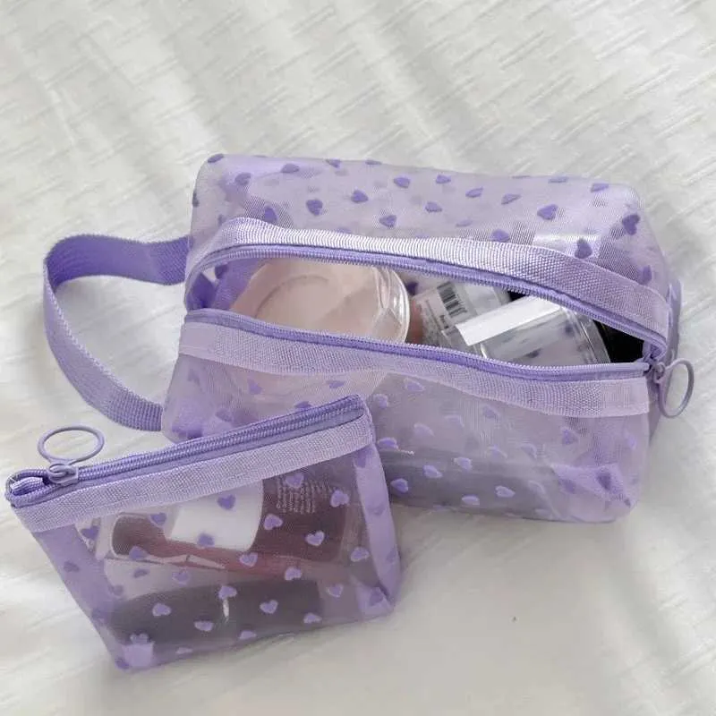 Organizator de machiaj portabil, transparent, din plasă imprimată în formă de inimă violetă, pentru călătorie, pentru depozitarea toaletei, geantă de hârtie, portofel Y241023_voghion.com