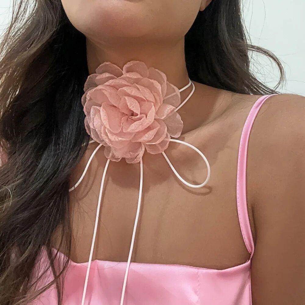 Collana girocollo in corda nera con grande fiore, gioiello da donna, colletto al collo, linea di cera, elegante, accessori Y2K 2024_voghion.com