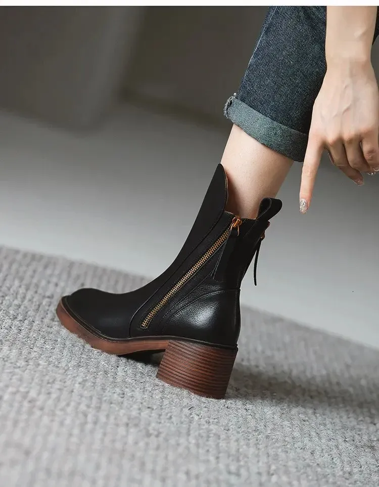 Womens high leather short round thick side zipper foot pedal boots 241022_voghion.com