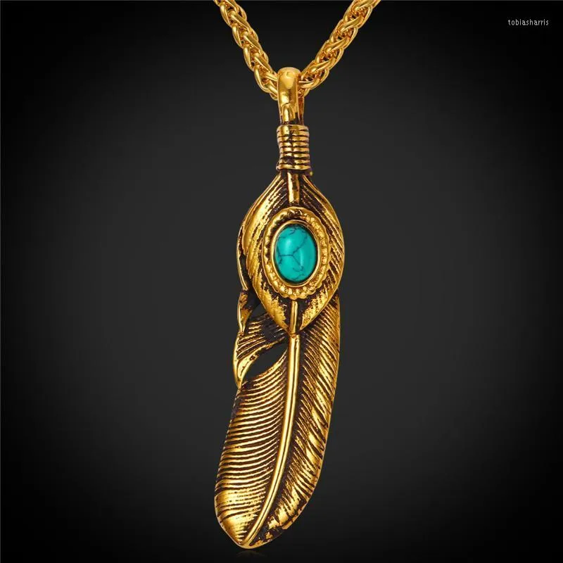 Collane con ciondolo Dream Catcher Collana e design a forma di piuma con pietra blu Acciaio inossidabile Colore oro Boho Vintage_voghion.com