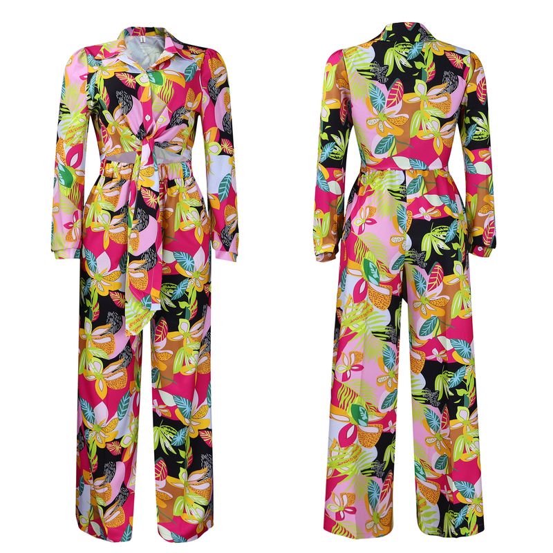 Women's Fashion Print Two-piece Lapel Tie Shirt Wide Leg Pants Suit_voghion.com