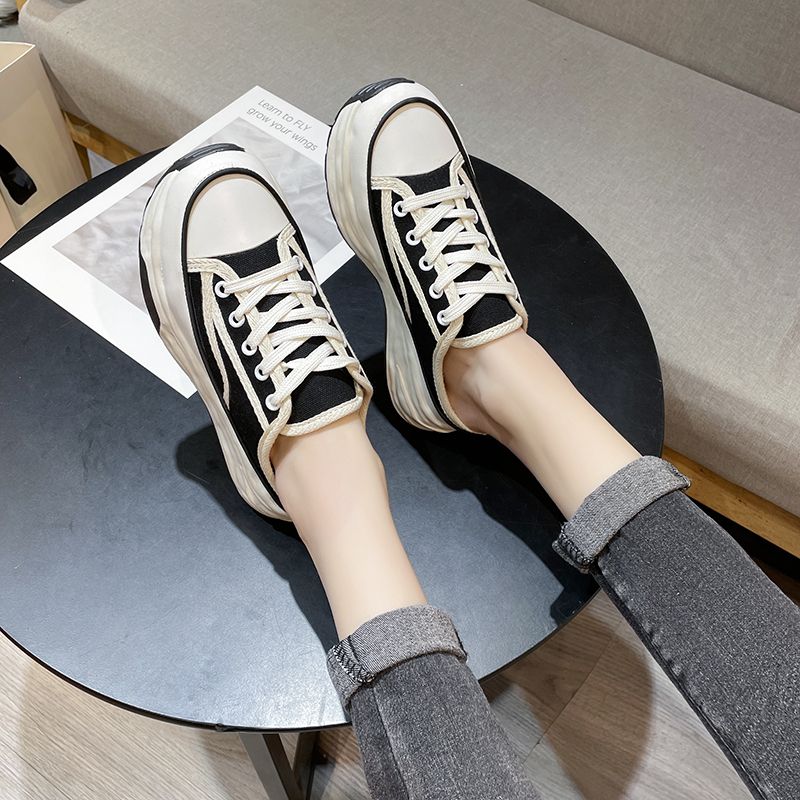 Pantofole casual in tela con lacci e stile Baotou, metà nuovo, primavera-autunno, moda donna 2023_voghion.com