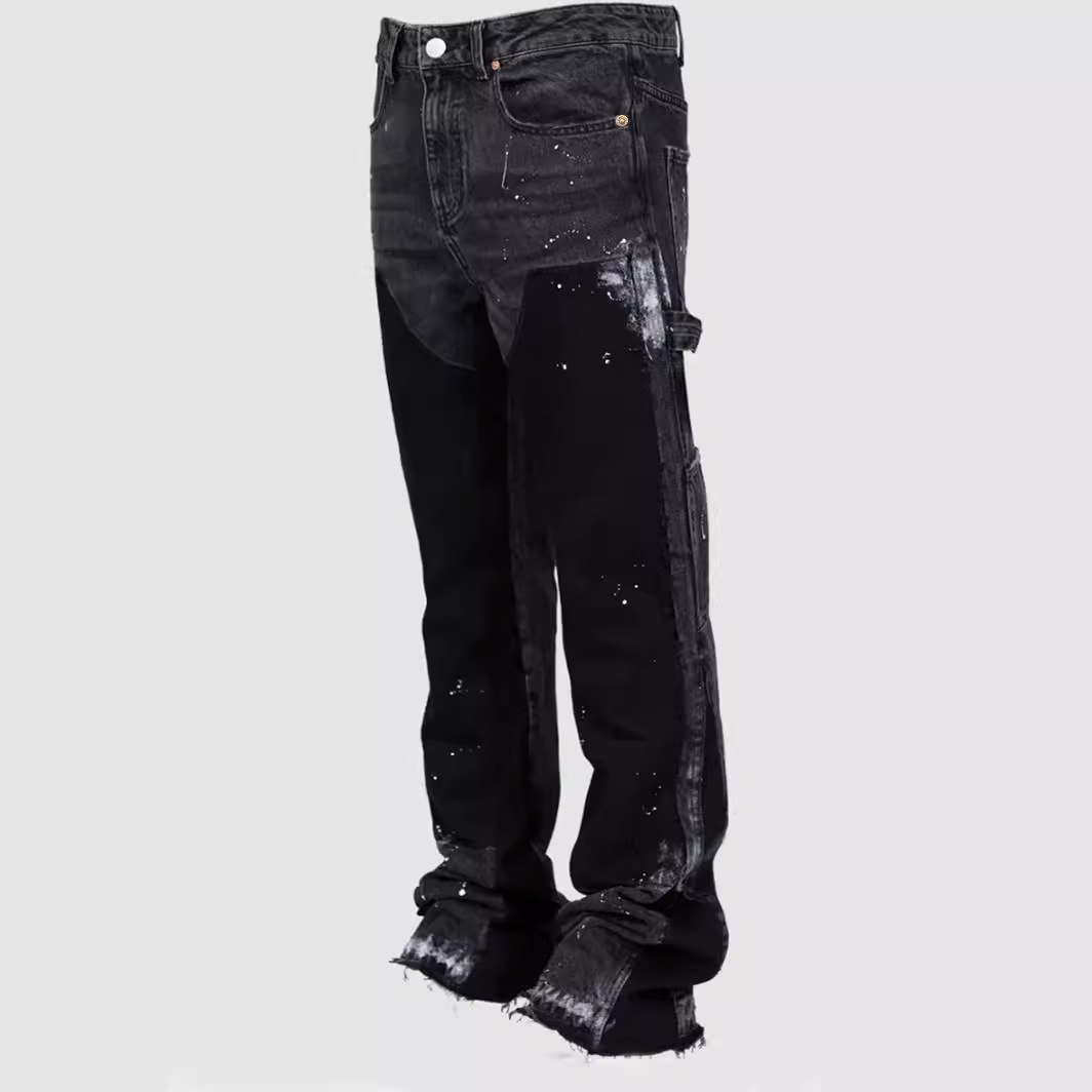 Vêtements pour hommes mode salopette chaude selg élastique patch denim superposé pantalon évasé