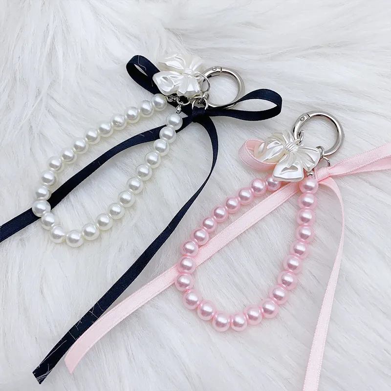 Portachiavi con fiocco in nastro, perline e perle, bianco latte, con nodo a farfalla, ciondolo per borsa da bambina, ciondoli per zaino, decorazioni e regali._voghion.com