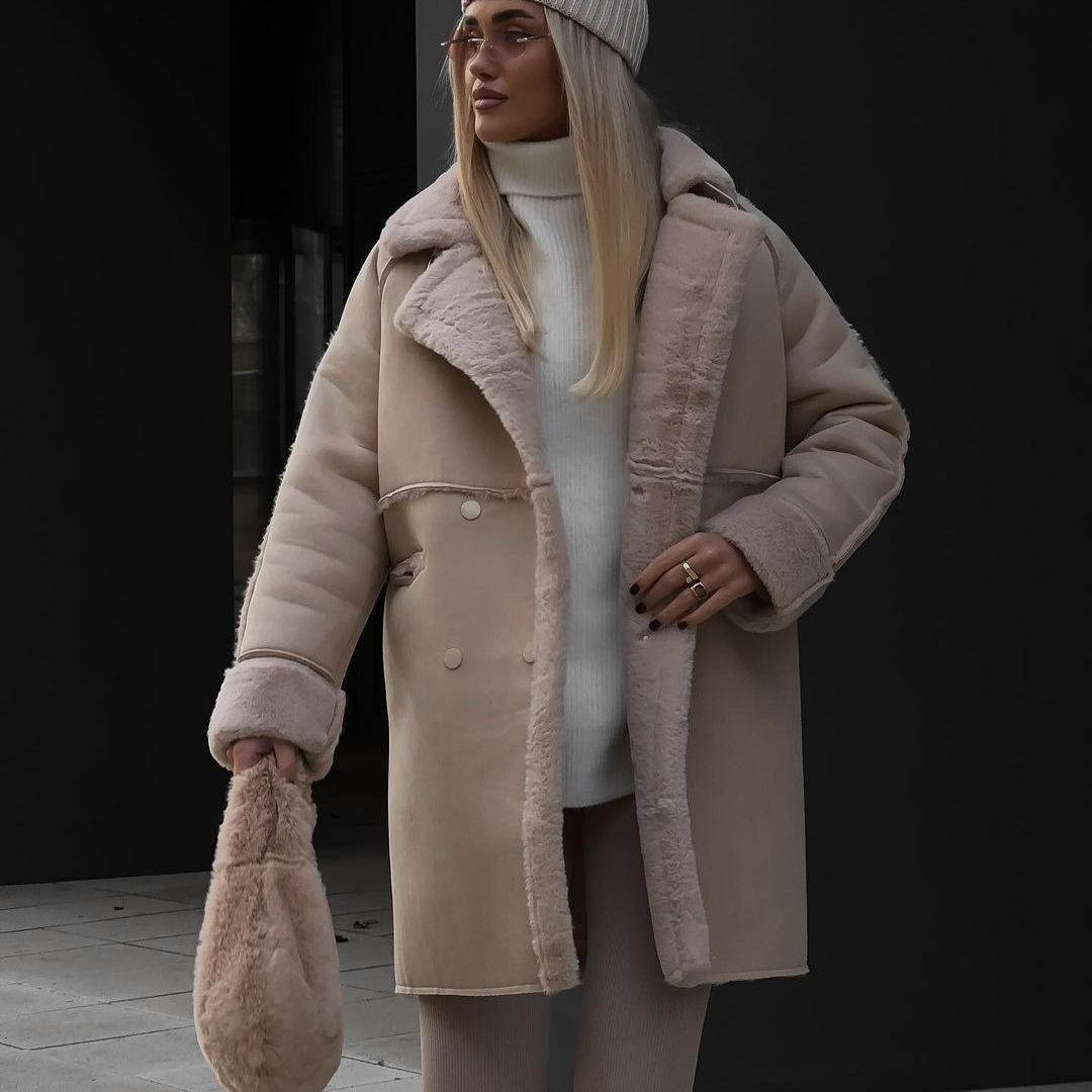 Winter Furry Suede Coat Suit Collar Long Cardigan Long Sleeve Plush Jacket