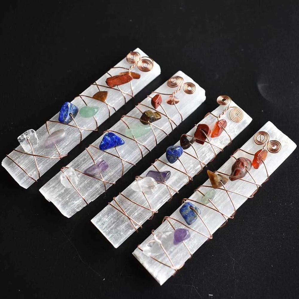 7 cristaux de guérison des chakras, perles en fil de fer enroulé, bâton de sélénite brute pour la méditation du yoga, spirituel, Reiki_voghion.com