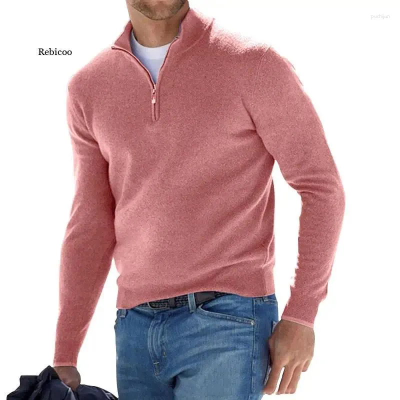 Maglioni da uomo, maglione in lana con cerniera a un quarto, manica lunga, caldo, tinta unita, per esterni, autunno e inverno_voghion.com