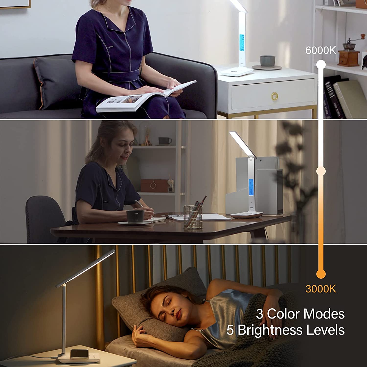 Lampada da tavolo a LED 10W QI Ricarica wireless con orologio Data Sveglia Dimmerabile Protezione degli occhi Lampada da tavolo per lettura per ufficio Studio_voghion.com
