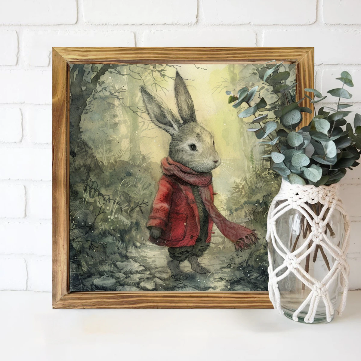 Charmig kanin i röd rock, vintage träinramad väggkonst - perfekt för bondgårdsinredning, vardagsrum, entré och sovrum - perfekt påskpresent, 20x20 cm_voghion.com