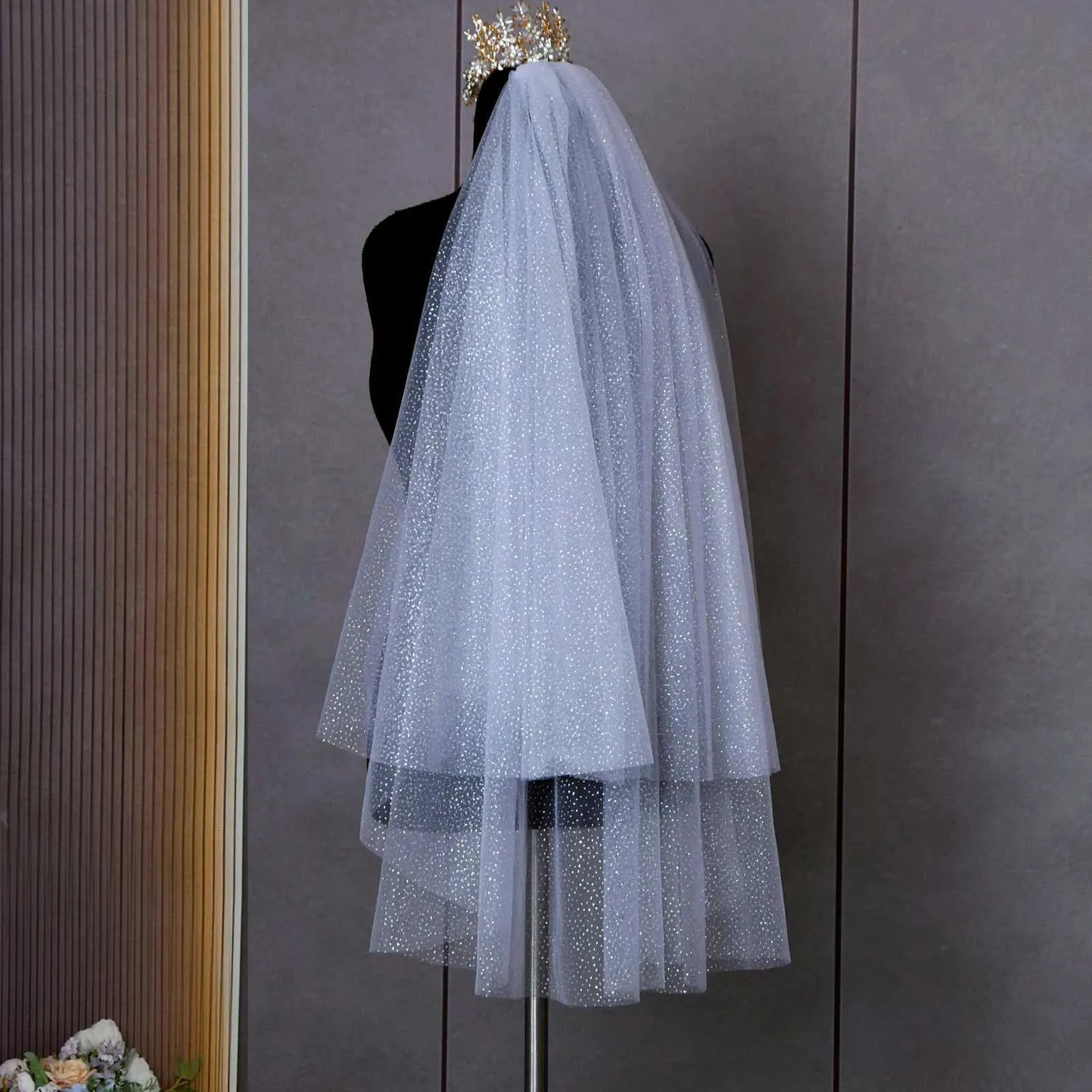 Bijoux de cheveux V97 Voile de mariée élégant à 2 niveaux avec bord en ruban blusher, couverture en tulle souple pour le visage et le mariage_voghion.com
