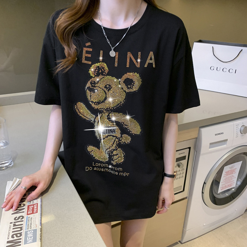 T-shirt estiva a maniche corte nera Bear Hot Diamond da donna in cotone pettinato, versione ampia di media lunghezza_voghion.com