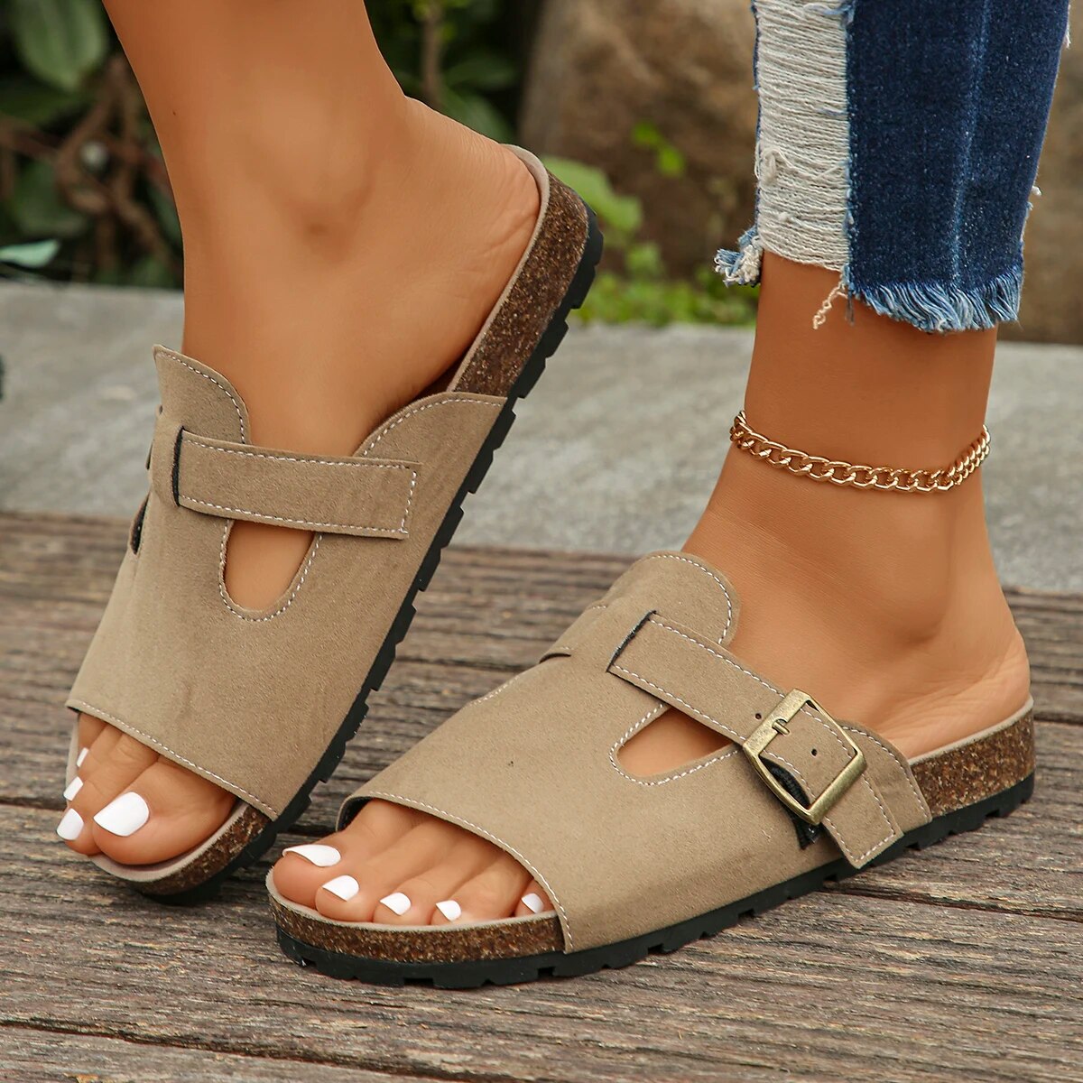 Damen Sandalen mit dickem Fußbett, klassisch, für den Strand, flach, für den Sommer, lässig, rutschfest, mit Fußgewölbeunterstützung_voghion.com