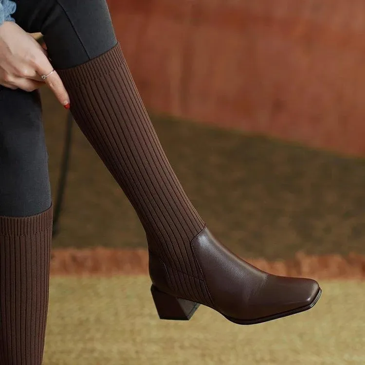 Knee Thick High Socks Winter Womens Long Boots Elegant Autumn Brown Wedge Elastic 241116_voghion.com