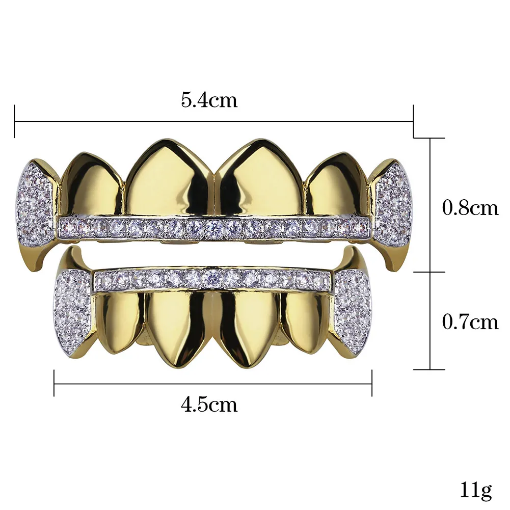 Denti d'oro veri Fang Grillz Punk Hip Hop Zircone cubico Ghiacciato Vampiro Dentale Griglie per la bocca Apparecchio per denti Cappuccio per denti Rapper_voghion.com