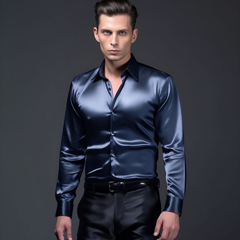 Camicia alla moda da uomo in raso a maniche lunghe in tinta unita europea da night club autunno 2025_voghion.com