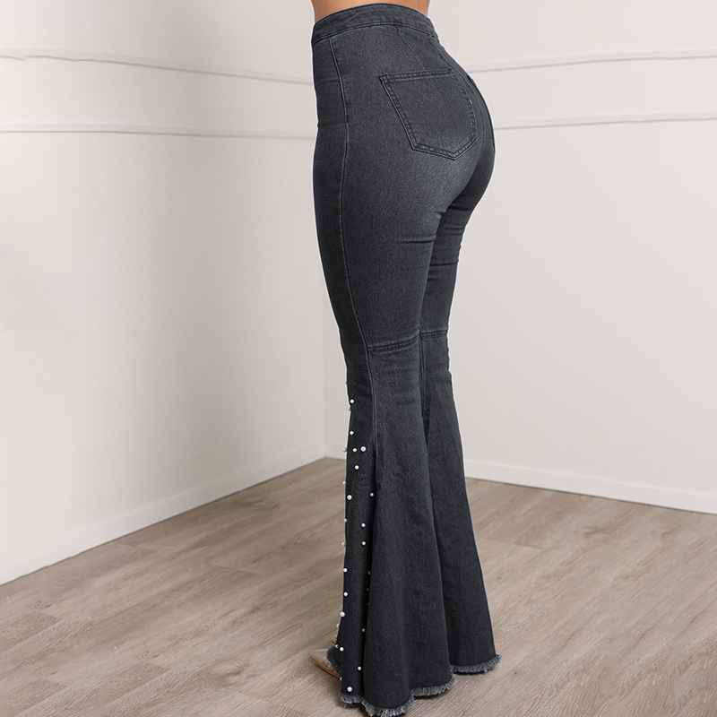 stretch jeans casual beaded flared trousers_voghion.com