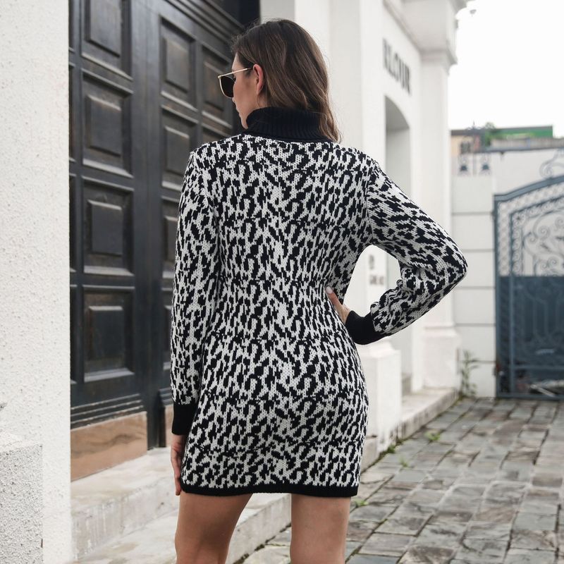 Robe en tricot jacquard à manches longues pour femme avec col pull_voghion.com