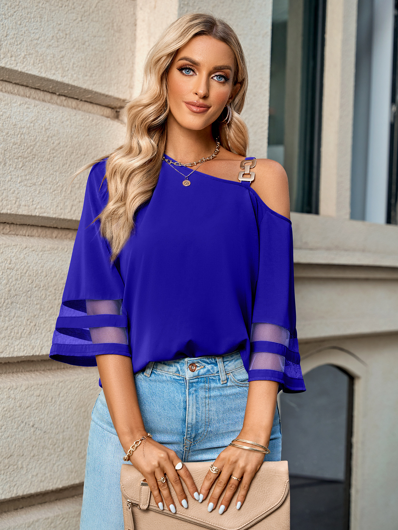 2023 frühjahr/Sommer Neue frauen Mode Lässig Feste Metall Taste Eine Schulter Top für Frauen_voghion.com