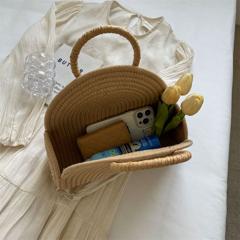 Women's Straw Solid Color Classic Style Weave Pillow Shape Open Beach Bag_voghion.com
