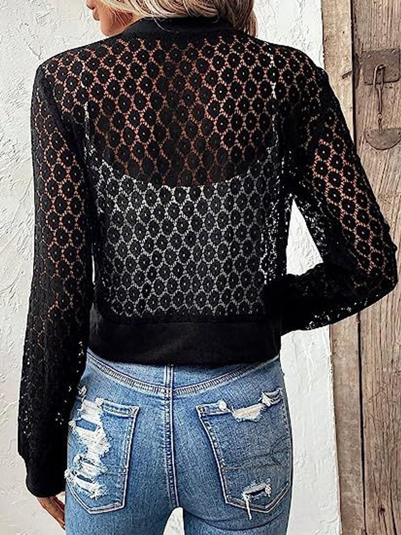 Women's clothing transparent lace long-sleeved zipper front baseball collar pilot jacket cross-border outerwear_voghion.com