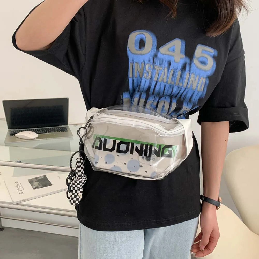 Fashion Fanny Packs Unisex Clear PVC Waist Pouch Multi-functional Letter Printed With Pendant Adjustable Buckle Strap_voghion.com