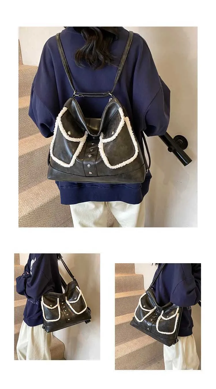 Sac à dos vintage en PU pour femme, sac à bandoulière carré en polaire d'agneau, grande capacité, fourre-tout décontracté pour les déplacements_voghion.com