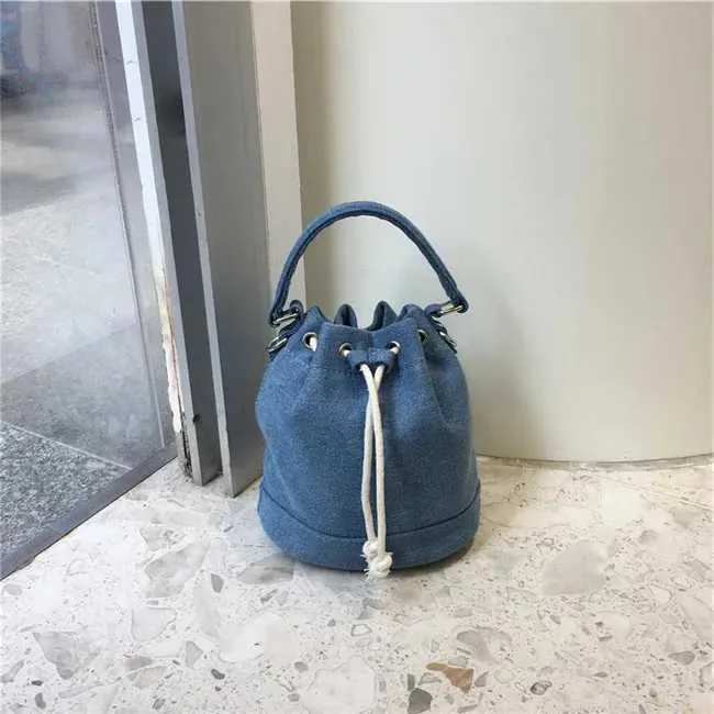 Women Fashion Denim Bucket Solid String Handbags Casual Mini Crossbody Bags Female All-matched Messenger PackC241212_voghion.com