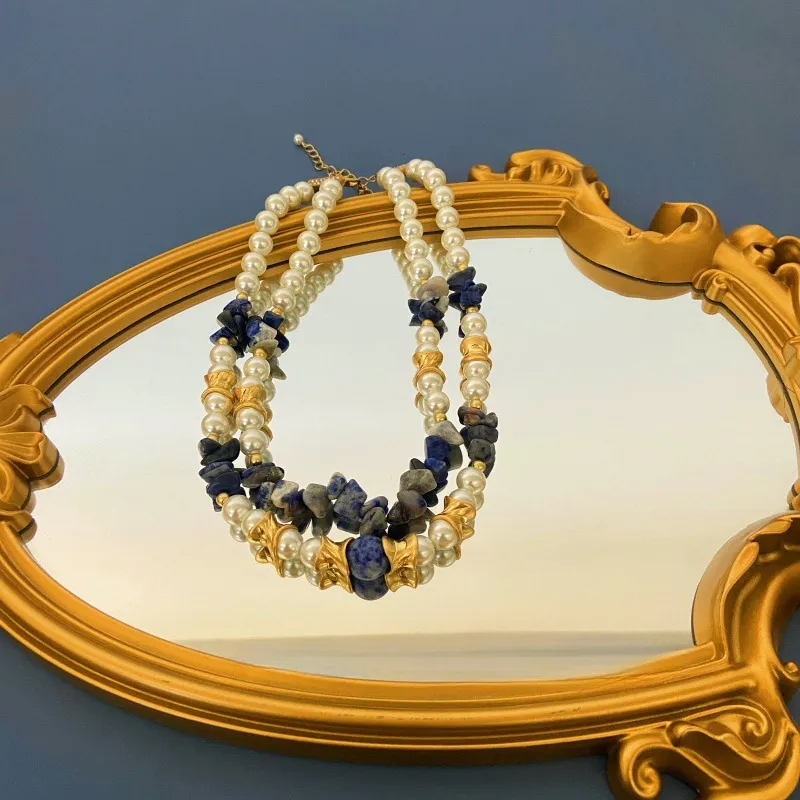 Kjeder Vintage Pearl Stone håndlaget beaded mote dobbeltlags kjede_voghion.com