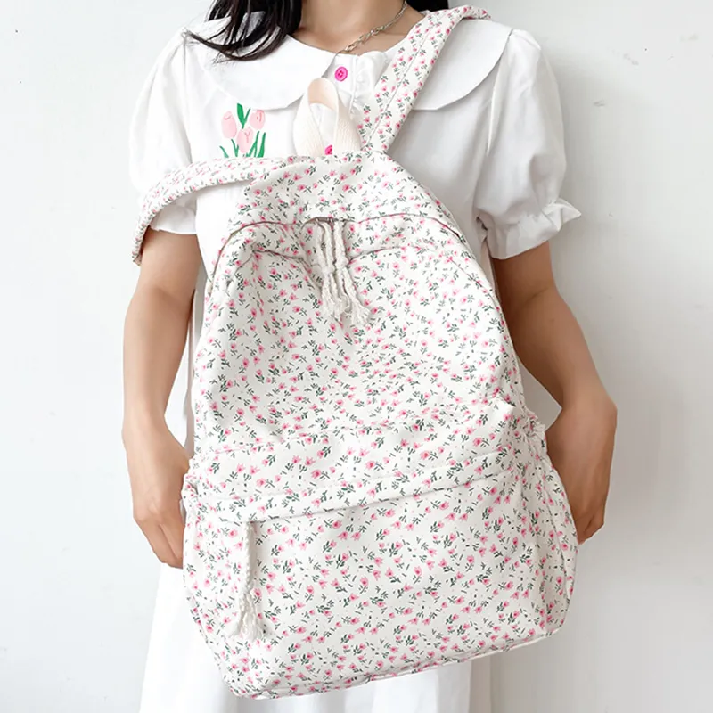 Korean Version Nylon Floral Flower Fashion Junior High School Backpack Travel Bag_voghion.com