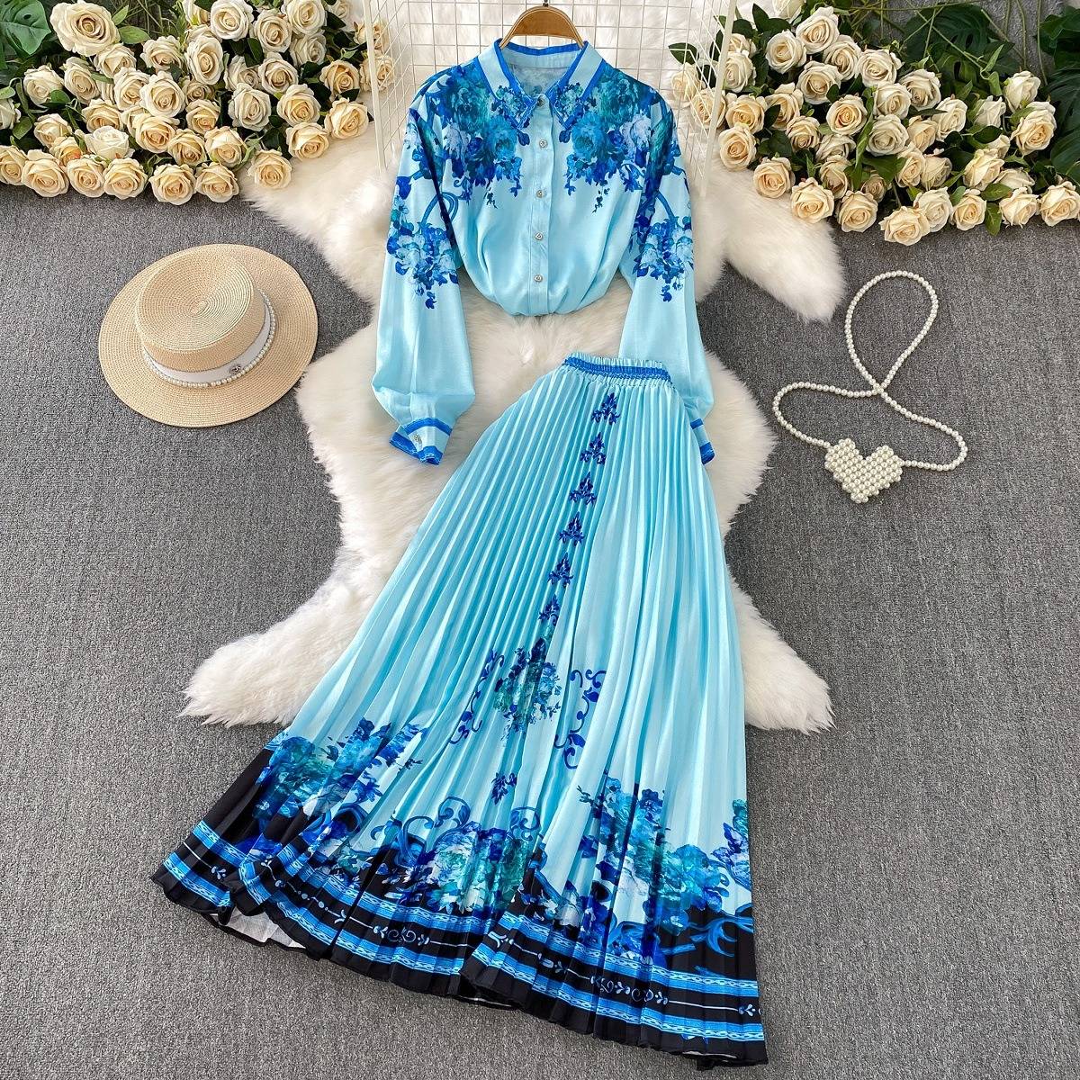 Women's Clothing Retro Style Printed Single Breasted Lapel Long Sleeved Shirt High Waisted Slim Fitting Pleated Skirt Suit