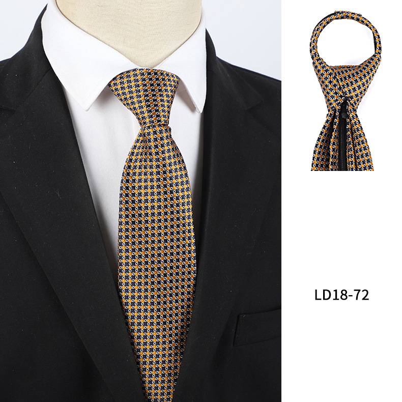 Cravatta sottile da uomo con clip in oro champagne e marrone caffè - Cravatta casual da lavoro senza nodo con cerniera e design a righe retrò_voghion.com
