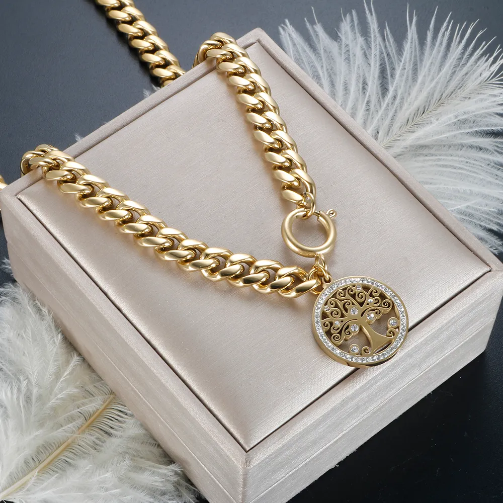 Baum Des Lebens Statement Kette Gold Edelstahl Chunky Halskette_voghion.com