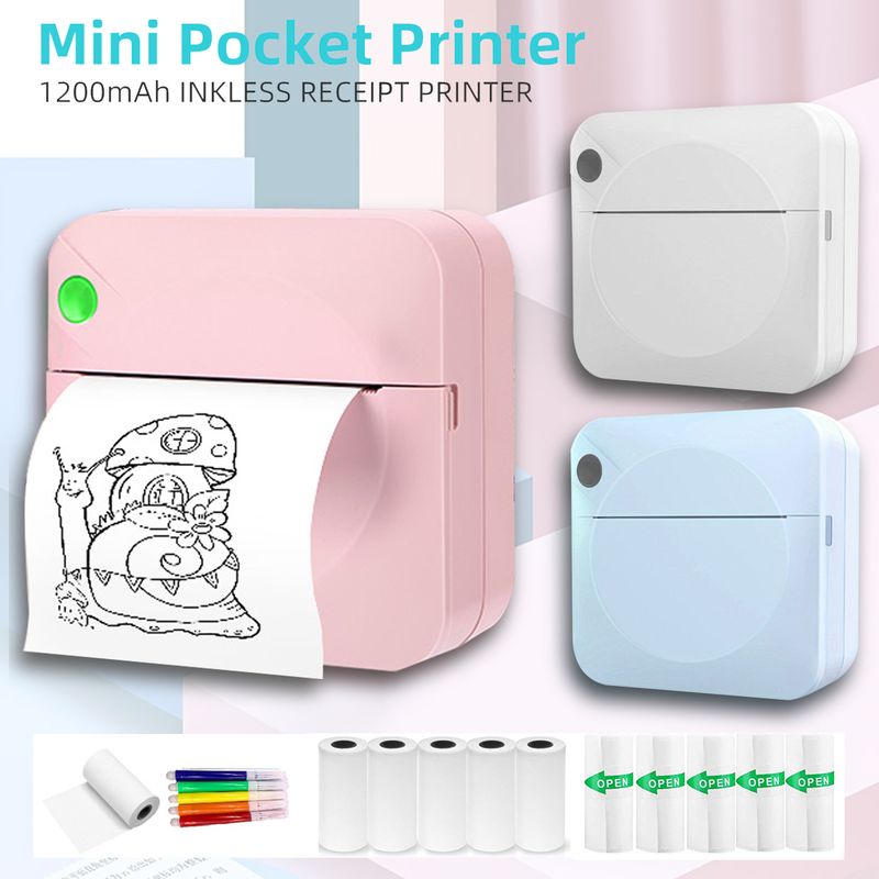 Pocket Mini Portable Wireless BT Thermal Photo Printer , Inkless Printing Gift Study Notes Label Receipt With 11 rolls_voghion.com