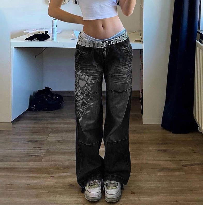 women's irregular printed loose trousers low-rise pleated washed distressed multi-color jeans_voghion.com