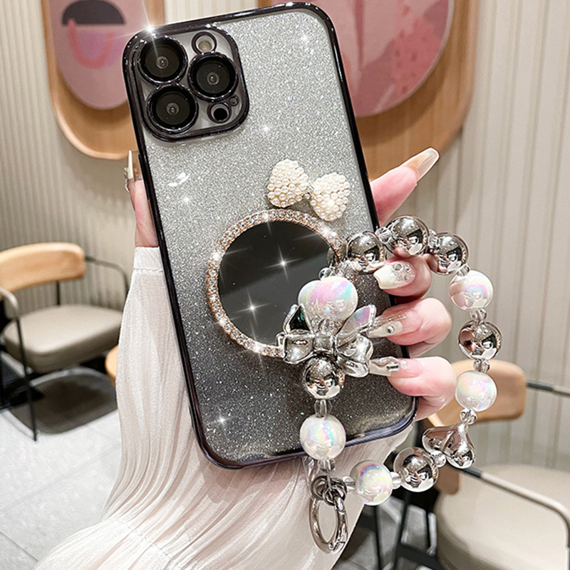 Bow Heart Bracelet Mirror Case For iPhone 15 13 11 12 Pro Max 14 Plus Glitter Flash Gradient Plating Cover_voghion.com