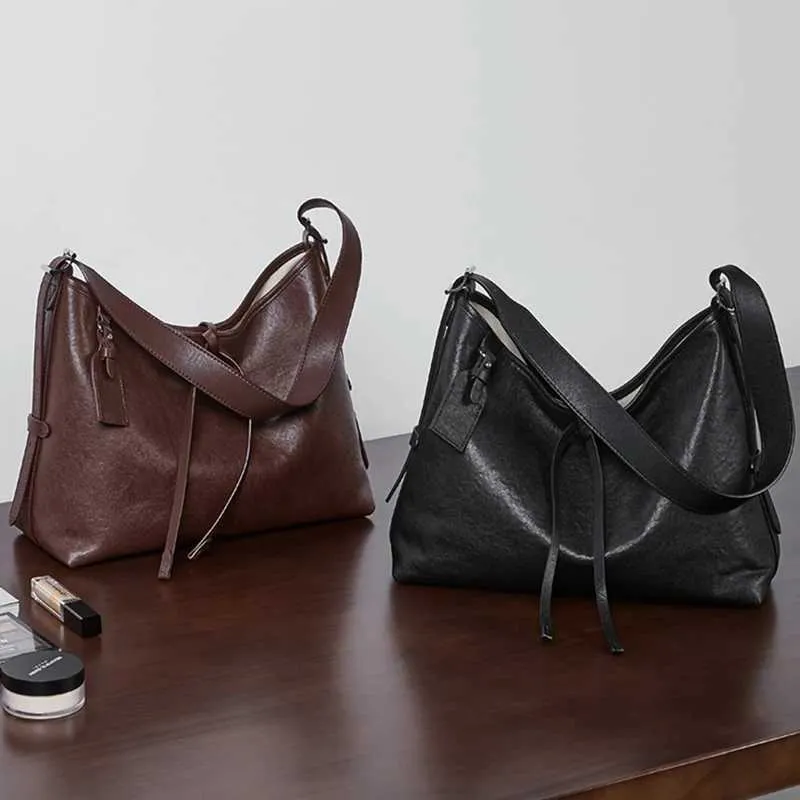 Toptrends Vintage Echtes Leder Große Unterarm Schulter Taschen Für Frauen 2024 Designer Einfache Weibliche Tote Hobo Damen_voghion.com