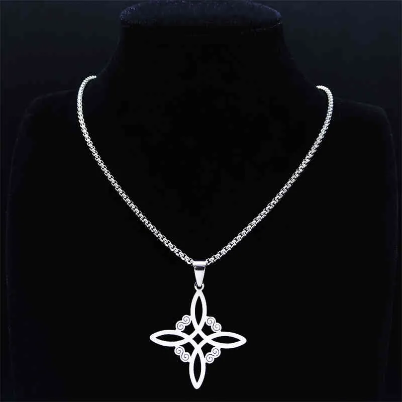 Collier en acier inoxydable avec nœud de sorcière pour homme et femme, chaîne géométrique, couleur argent, bijoux_voghion.com