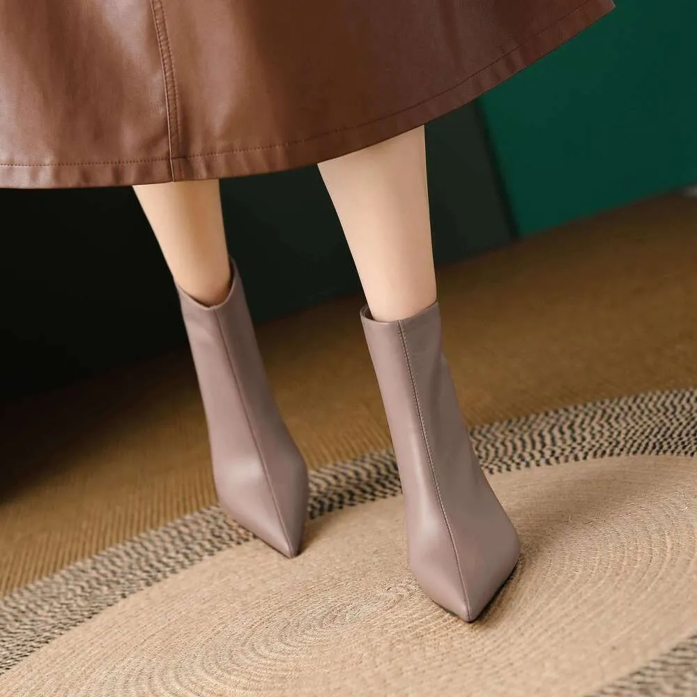 Cow Leather Pointed Toe High Heels Zipper Modern Warm Winter Shoes Concise Fashion Solid Elegant Ankle Boots_voghion.com